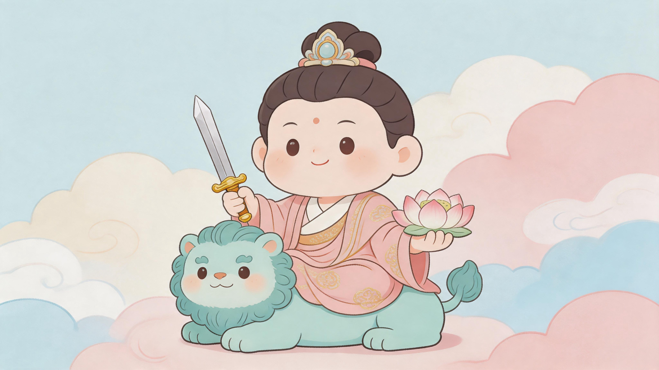 青狮踏瑞，慧剑除忧；文殊庇佑，前程无忧 
