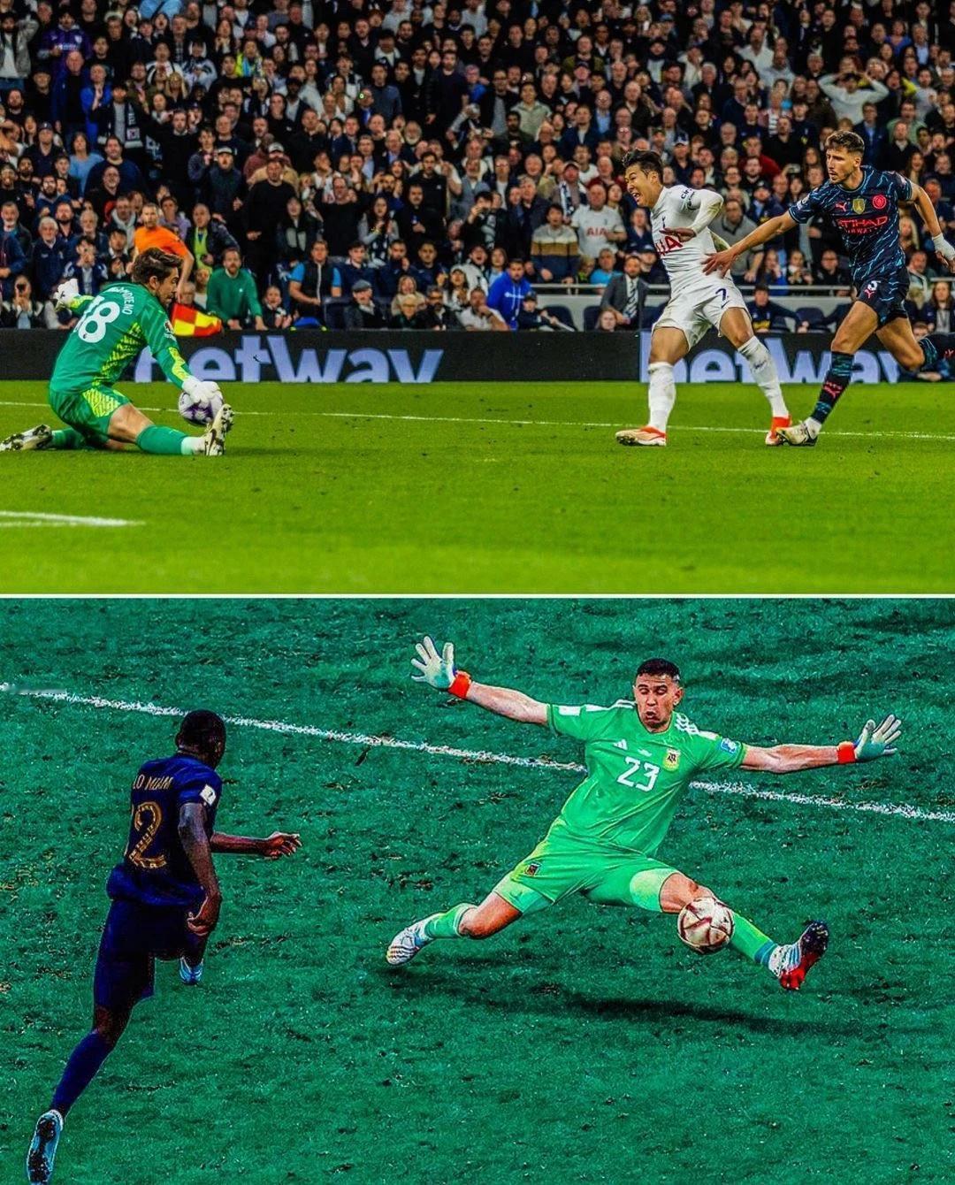 曼城替补门将奥尔特加最后时刻的神扑，非常像世界杯决赛阿根廷门将马丁内斯的神之一档