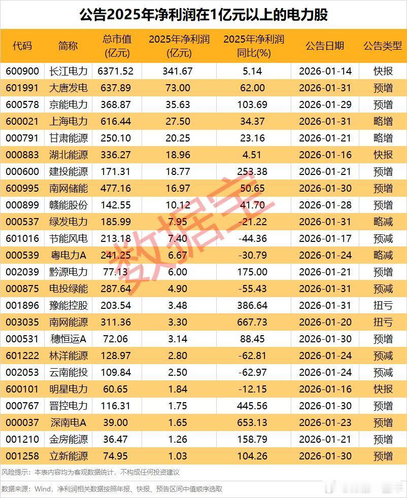 这些电力股2025年净利润超1亿元 A股