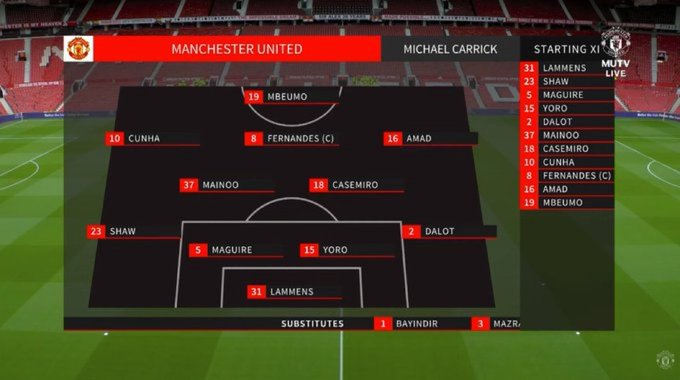 MUTV给出的首发阵型前场四人组回到姆伯莫居中，库尼亚阿玛德迪亚洛左右，B费前腰