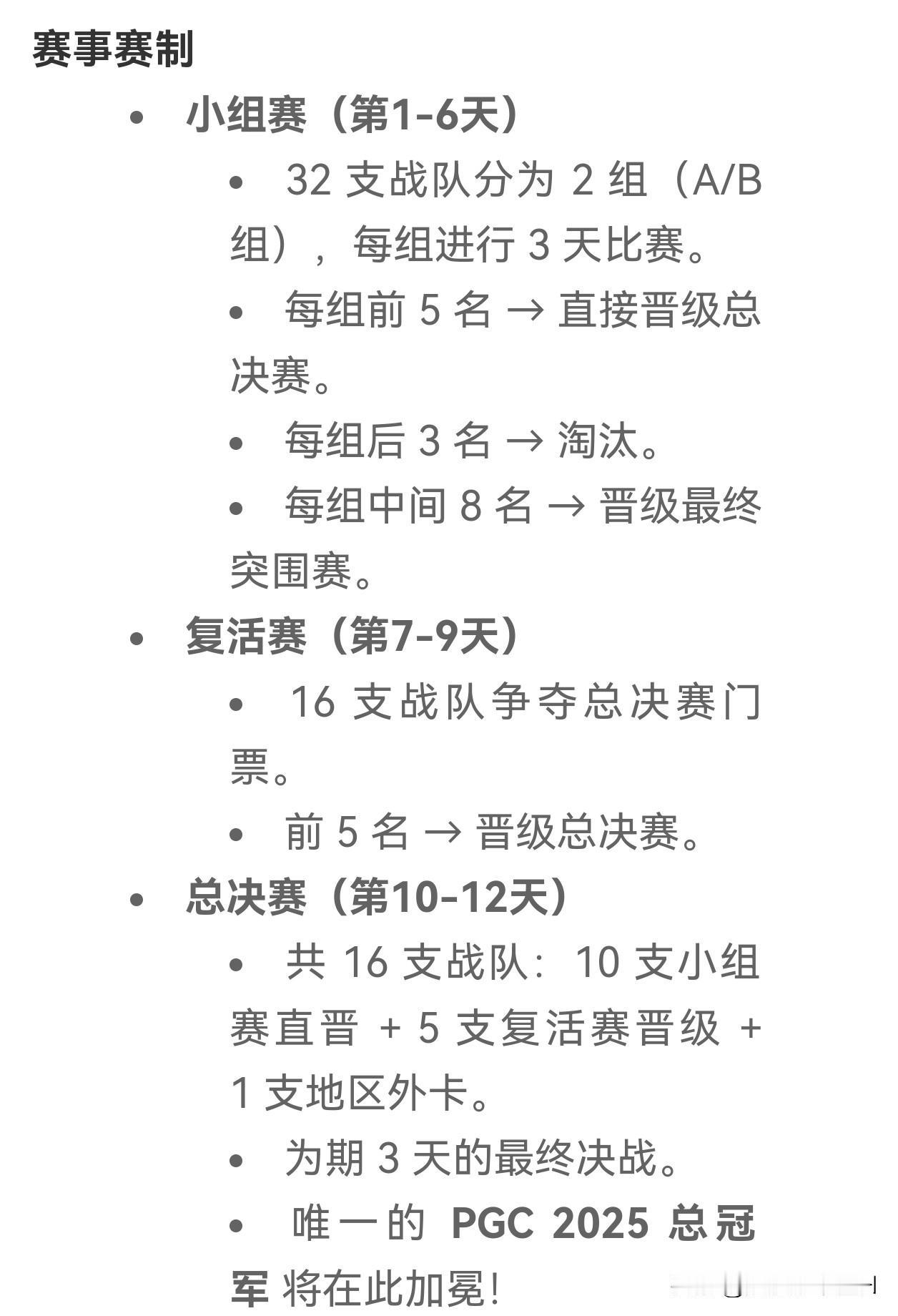 前五名晋级！
聊一聊今年PGC的赛制！
地区外卡战队FS直接晋级PGC总决赛阶段