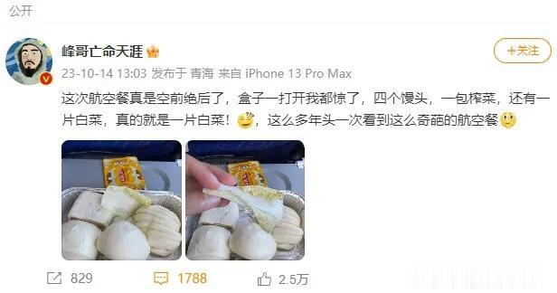 近日，网红“峰哥亡命天涯”在微博中抱怨南航的飞机餐过于寒酸，引发了网友的热议。他