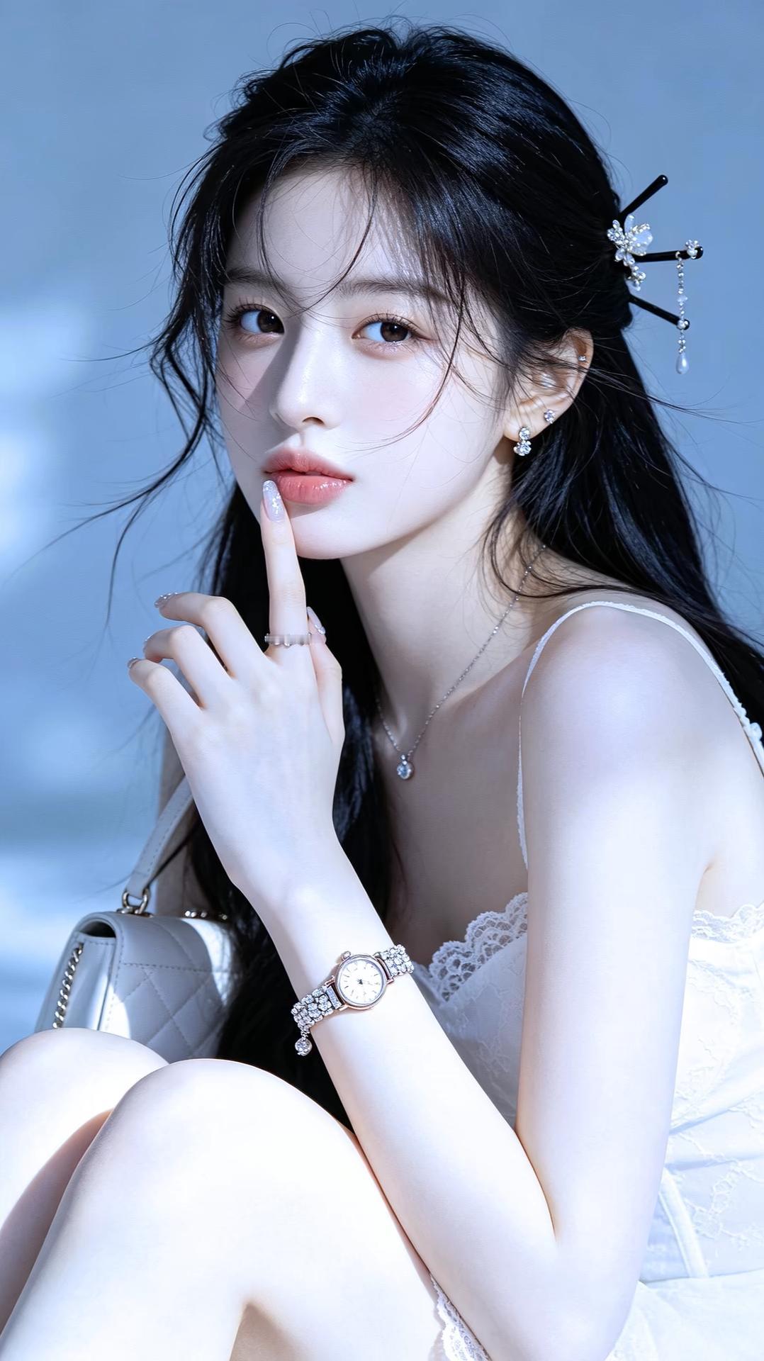 清透干净的淡颜长相，皮肤白皙通透，眉眼温柔灵动，自带满满的清纯氛围感。
白裙温柔