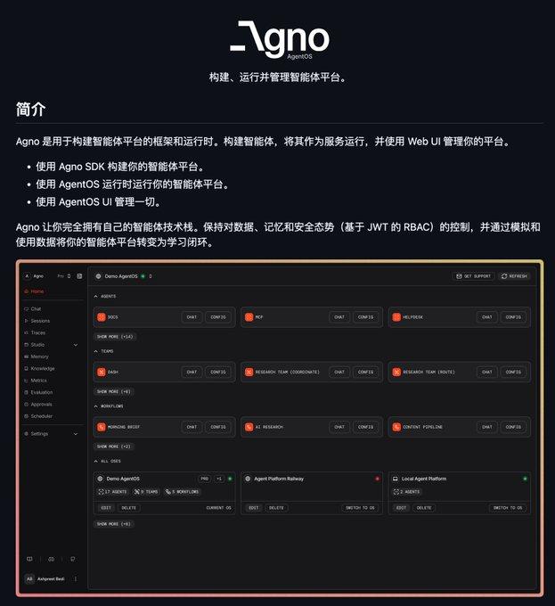 如果你也想自己做 Agent 智能体平台， 一定要用 Agno ！
支持搭建个人