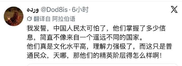 阿拉伯网友的分享：
>我发誓，中国人民太可怕了，他们掌握了多少信息，
简直不像来