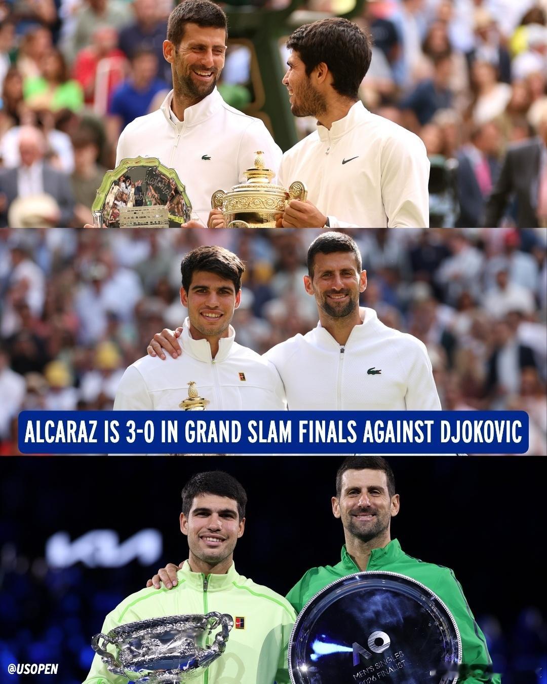 德约科维奇在澳网和温网决赛：0胜3负阿尔卡拉斯17胜1负其他人大满贯决赛输的对手