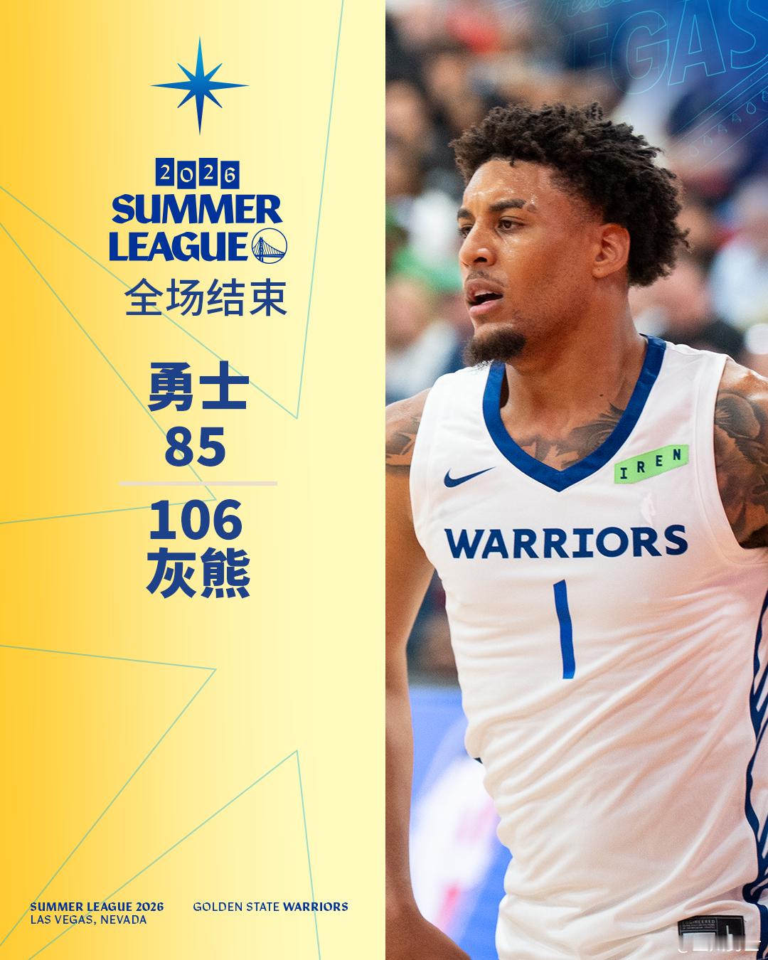 勇士85:106灰熊，夏季联赛2胜1负。金州勇士勇士vs灰熊