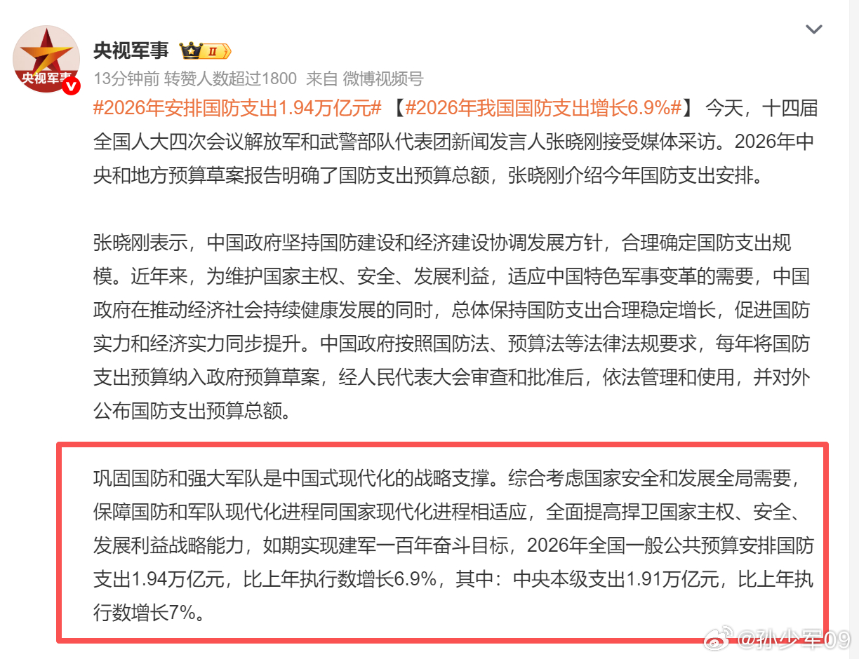 现在是百年未有之大变局，国防太重要了2026年安排国防支出1.94万亿元