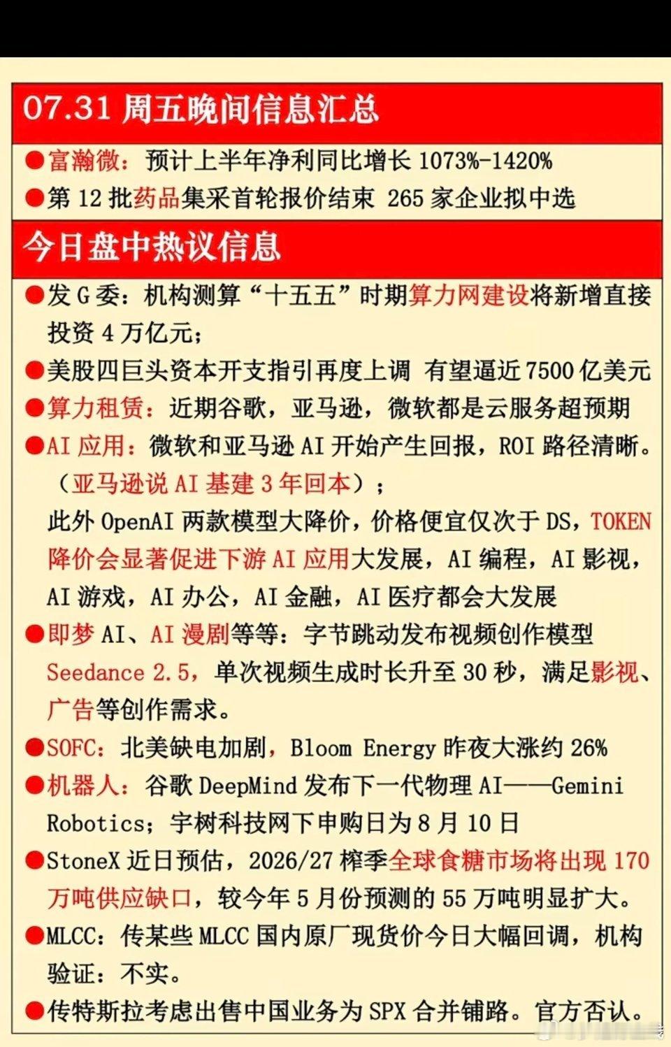 7.31周五  晚间财经信息汇总！1.算力网建设，算力租赁2.人工智能，AI应用