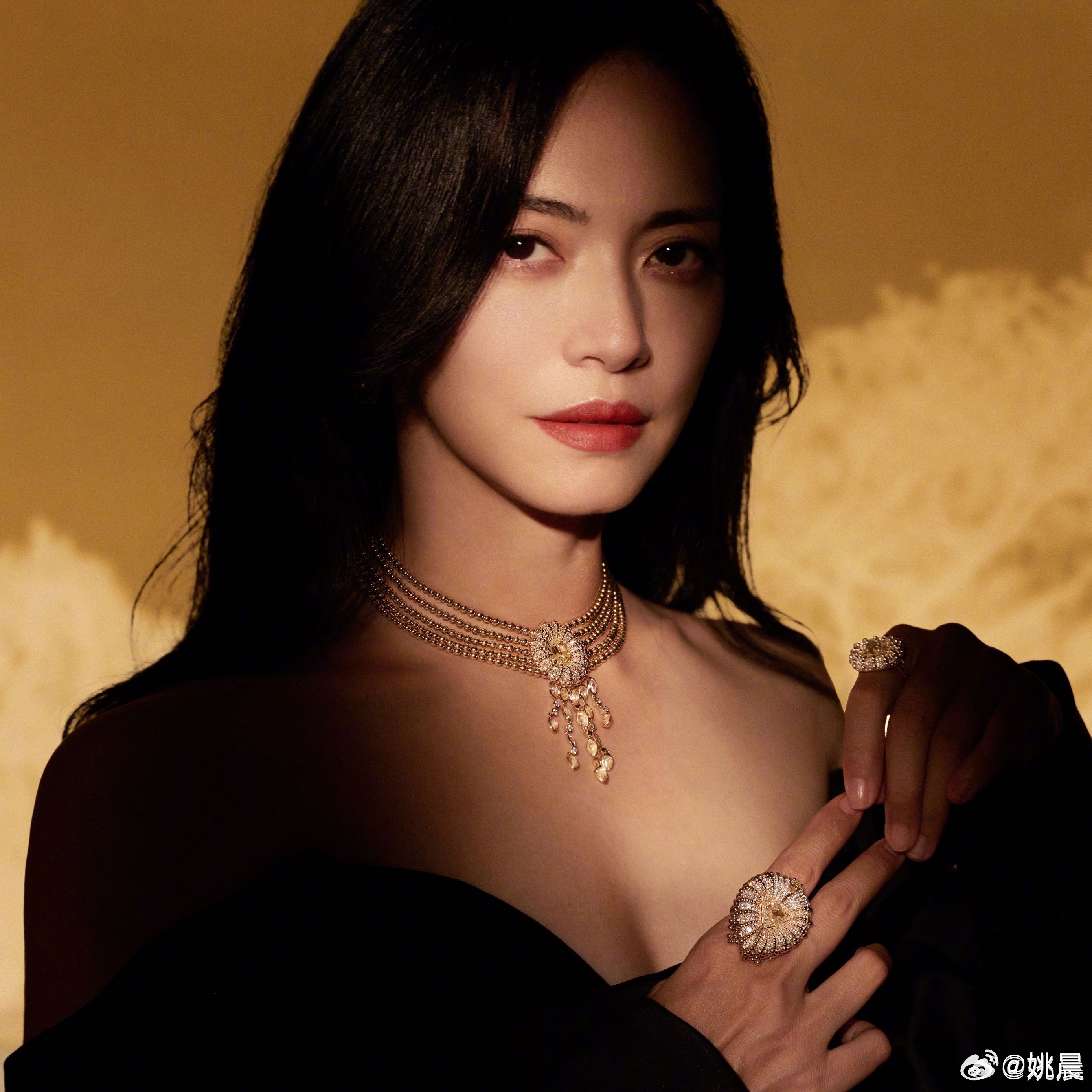姚晨，以一抹黑色露肩连衣裙，勾勒出曼妙的身姿，优雅而神秘，如同从梦境中走出的女神