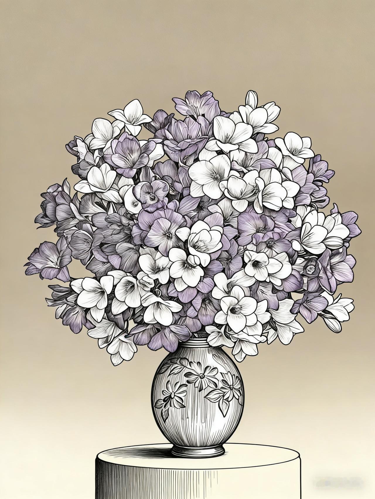 紫白花开香满屋，花瓶点缀显清幽。