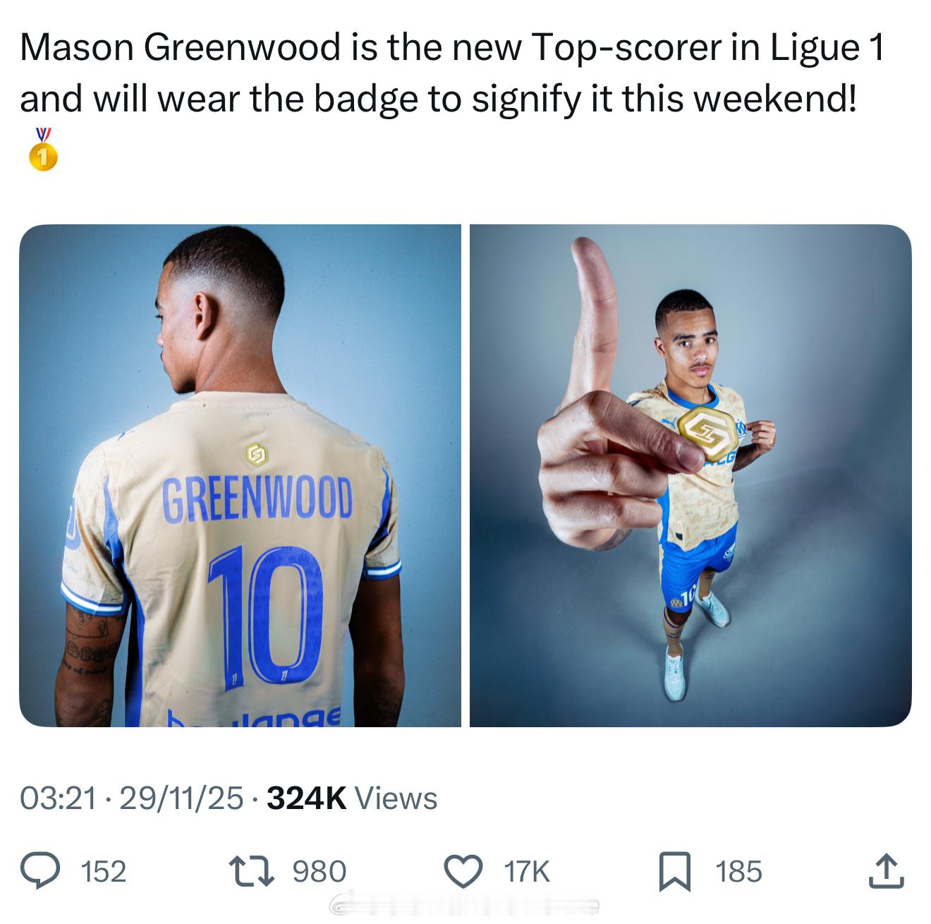 格林伍德法甲射手王，本周末所穿球衣会有一个特别的牌牌标志这是真得？ 