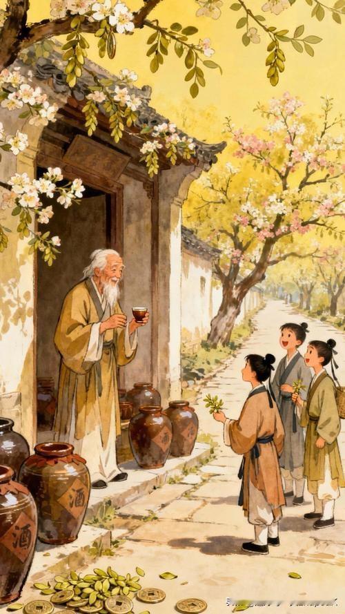 《戏问花门酒家翁》
——唐・岑参
老人七十仍沽酒，
千壶百箦花门口。
道傍榆荚仍
