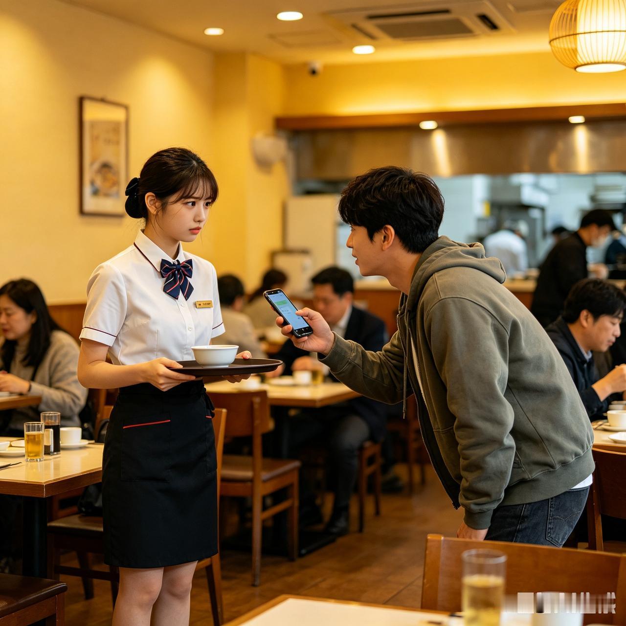 刚才早餐时，遇见一小伙子向店里的美女服务员索要微信号。一开始，美女服务员没有理睬