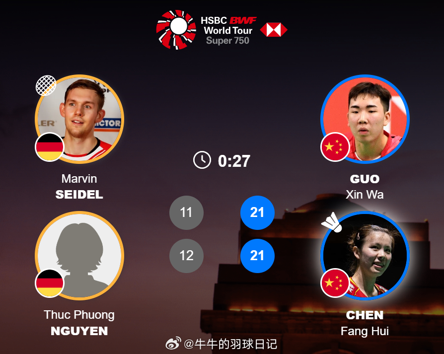 混双 1/8赛 塞德尔 / 阮福芳 11-21 12-21 郭新娃(6) / 陈