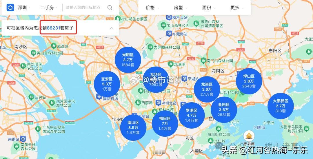 目前深圳贝壳二手平台上，全市共有约8.82万套房源对外挂牌。

其中：
龙岗区2