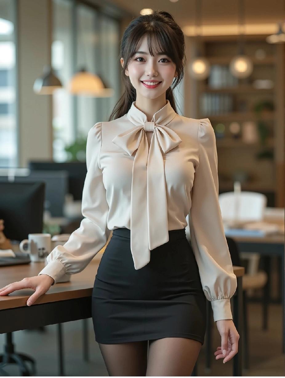 优雅职场风，白色衬衫+黑色短裙，自信微笑，元气满满！