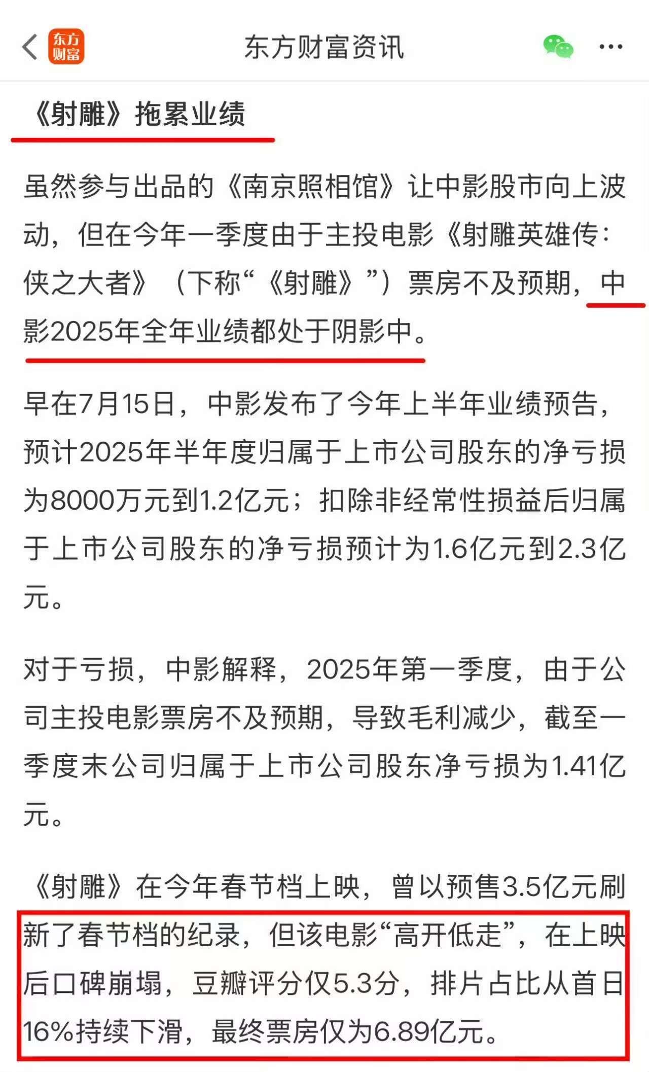 东方财富资讯：由于射雕拖累业绩，中影2025全年都处于 ​​​