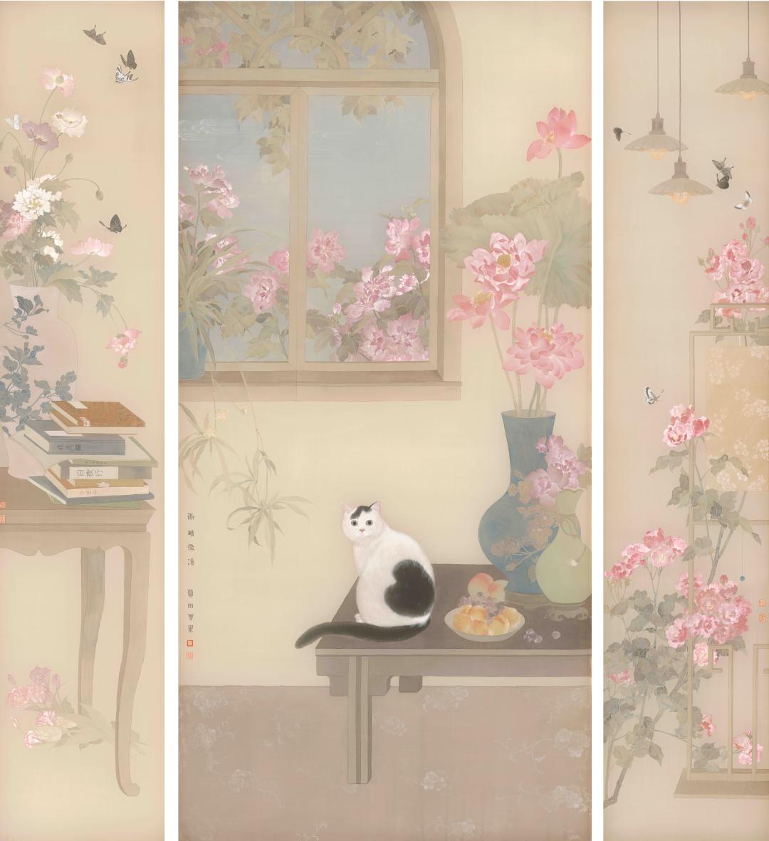 贾田雪主攻花鸟画，擅工笔喜没骨。她从小就酷爱画画，出身于绘画世家的她，自觉地承续