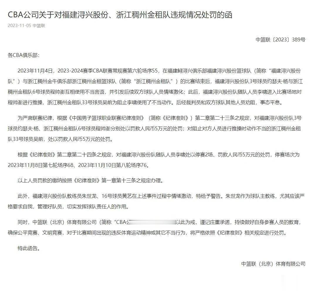 #福建稠州冲突# 罚单出来了，CBA公司又挣20万！
杨、程帅澎、吴前各被罚5万