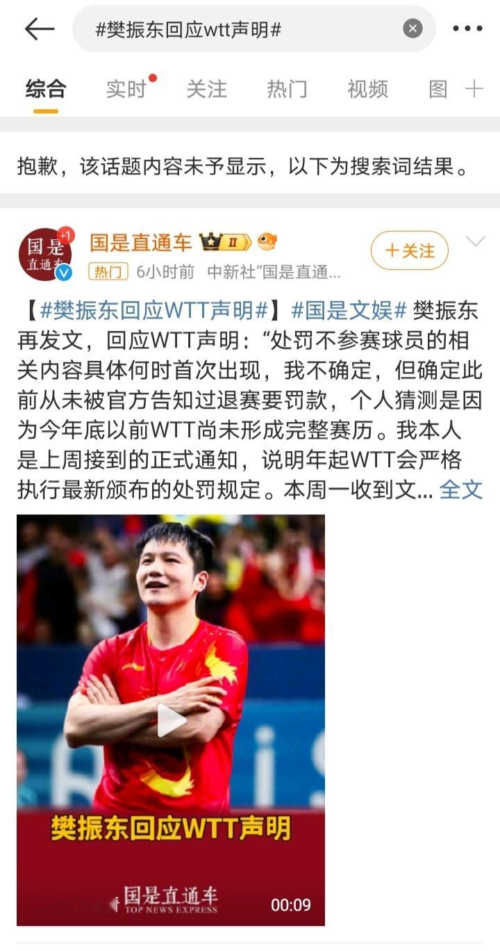 樊振东回应wtt声明这个话题竟然“内容未予显示”，是为国争光让国旗升起的运动员犯