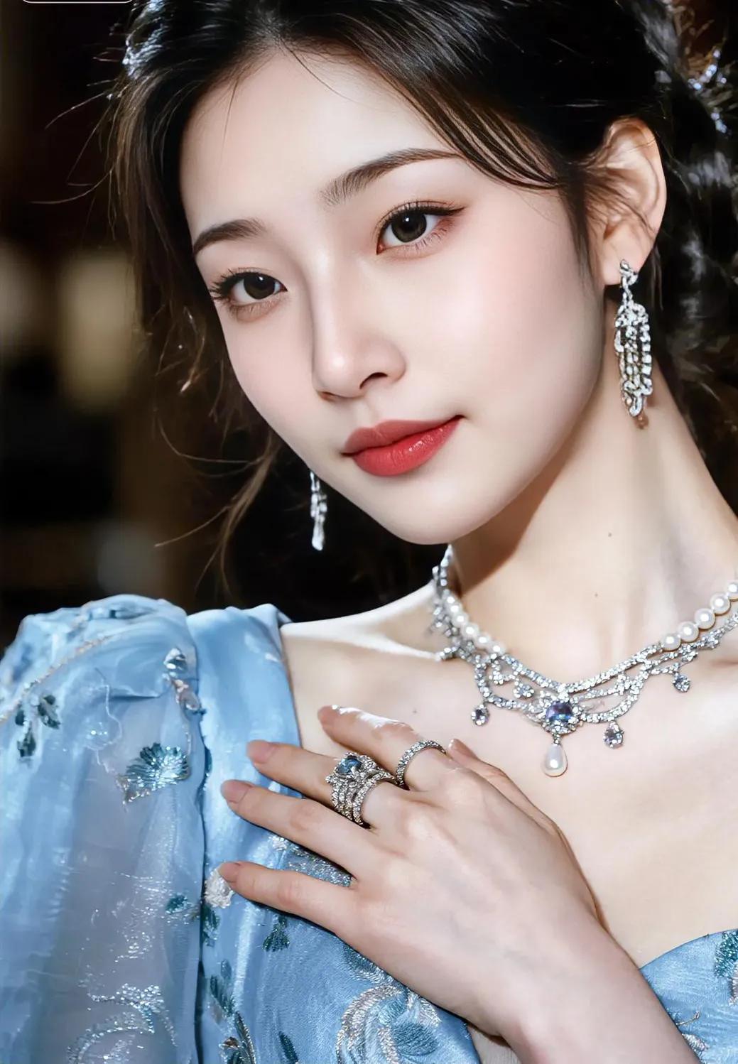 冰蓝礼裙如月光织就，薄纱漫过肩头，漾开朦胧诗意。珠宝的璀璨与肌肤的莹润相映，冷调