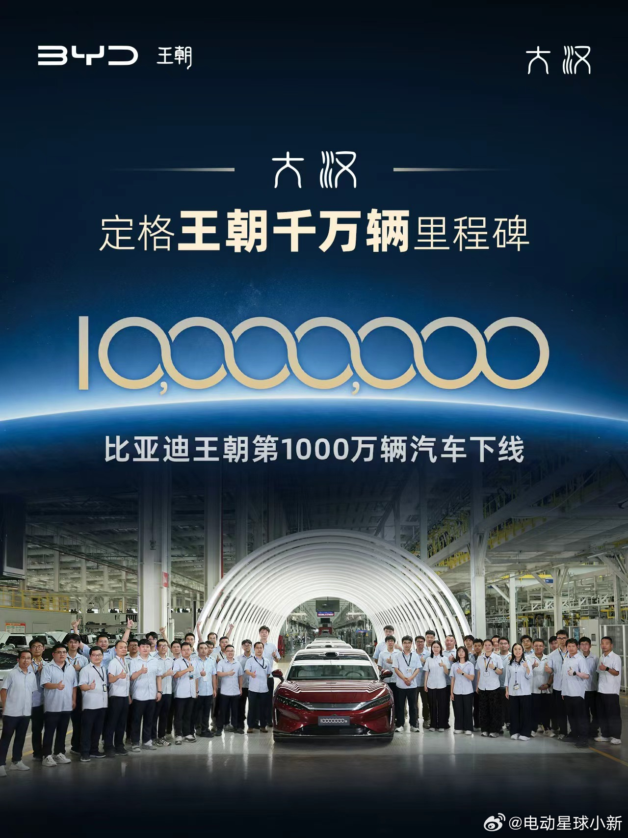 比亚迪王朝第 1000 万辆汽车下线！下线车型是大汉比亚迪大汉大汉大汉下线定格王