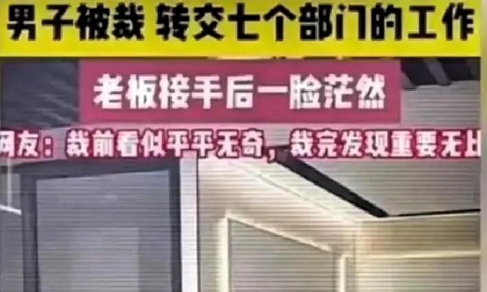 裁员裁到大动脉：杭州一男子被裁，结果交接时，转交了七个部门的工作。
从流程对接、