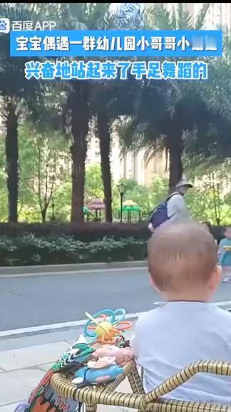 宝宝偶遇一群幼儿园小哥哥小姐姐，兴奋地站起来了手足舞蹈的。