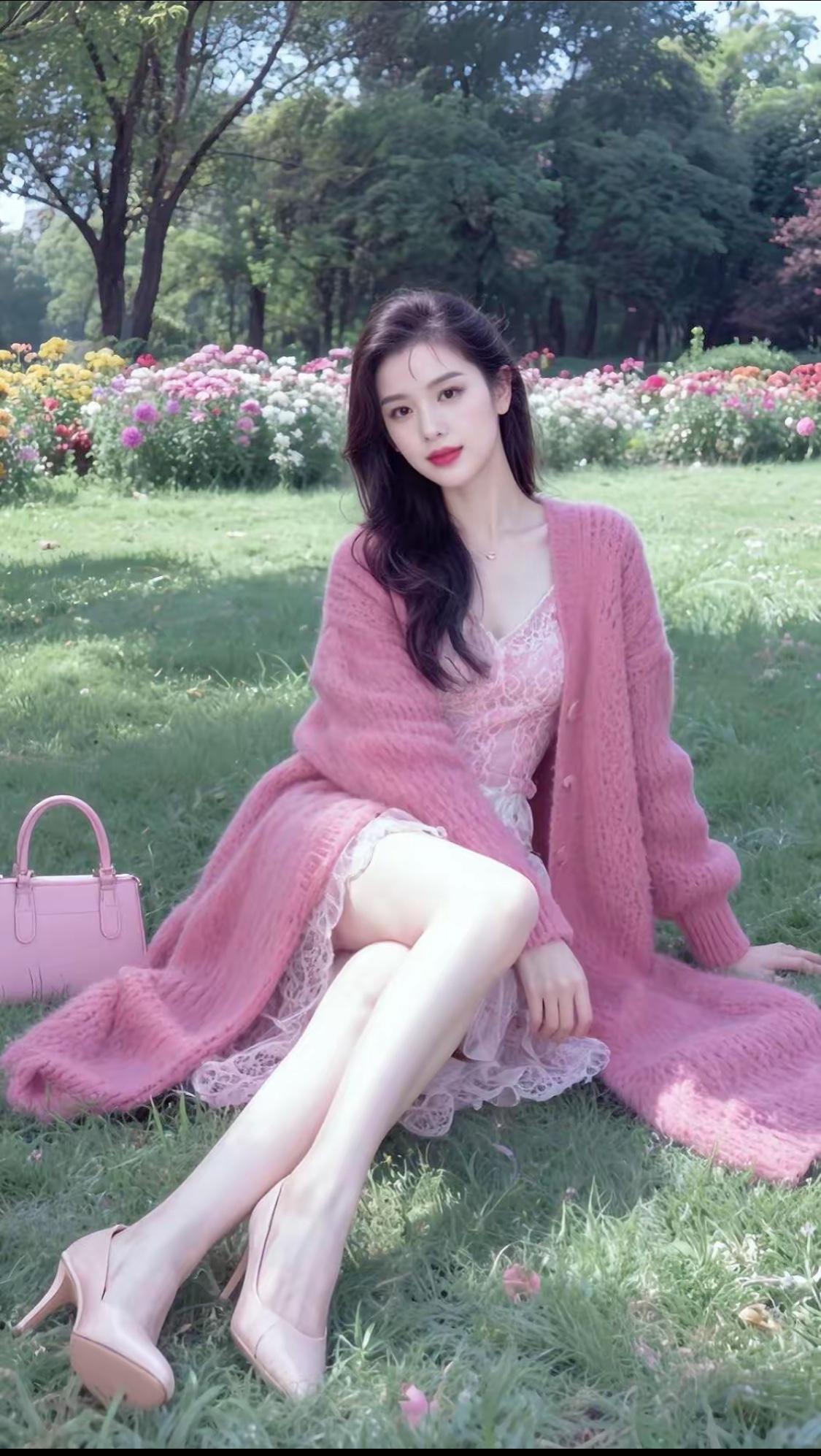 坐在花丛中，享受美好时光。