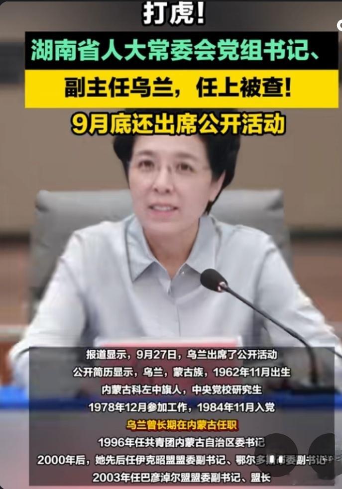 乌兰被查共青团起步，34岁升正厅、41岁升副部，连续三届中央候补委，62岁人生一