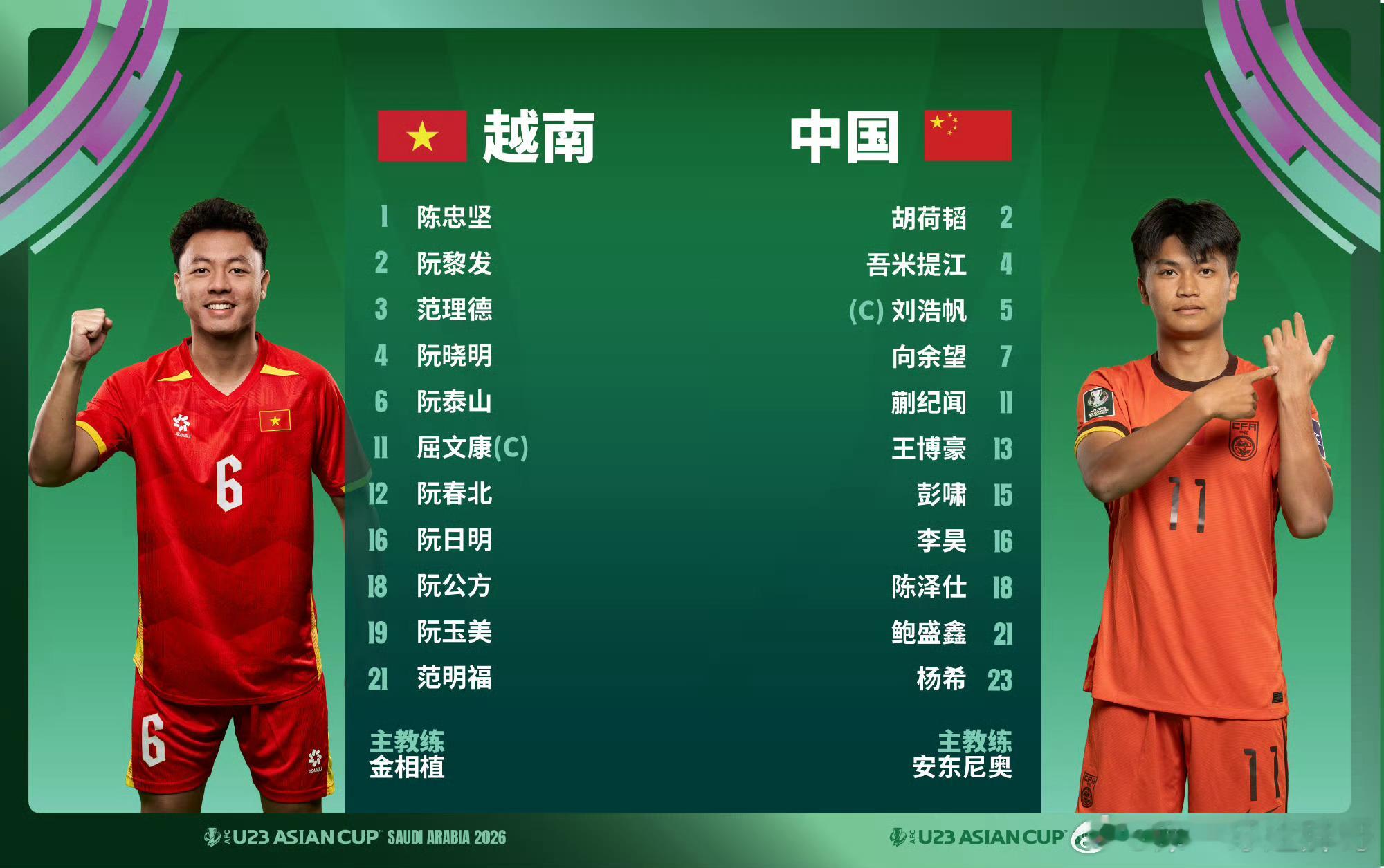 中国足球国家队U23国足vs越南U23 首发千呼万唤始出来！大变样的中国队这是要