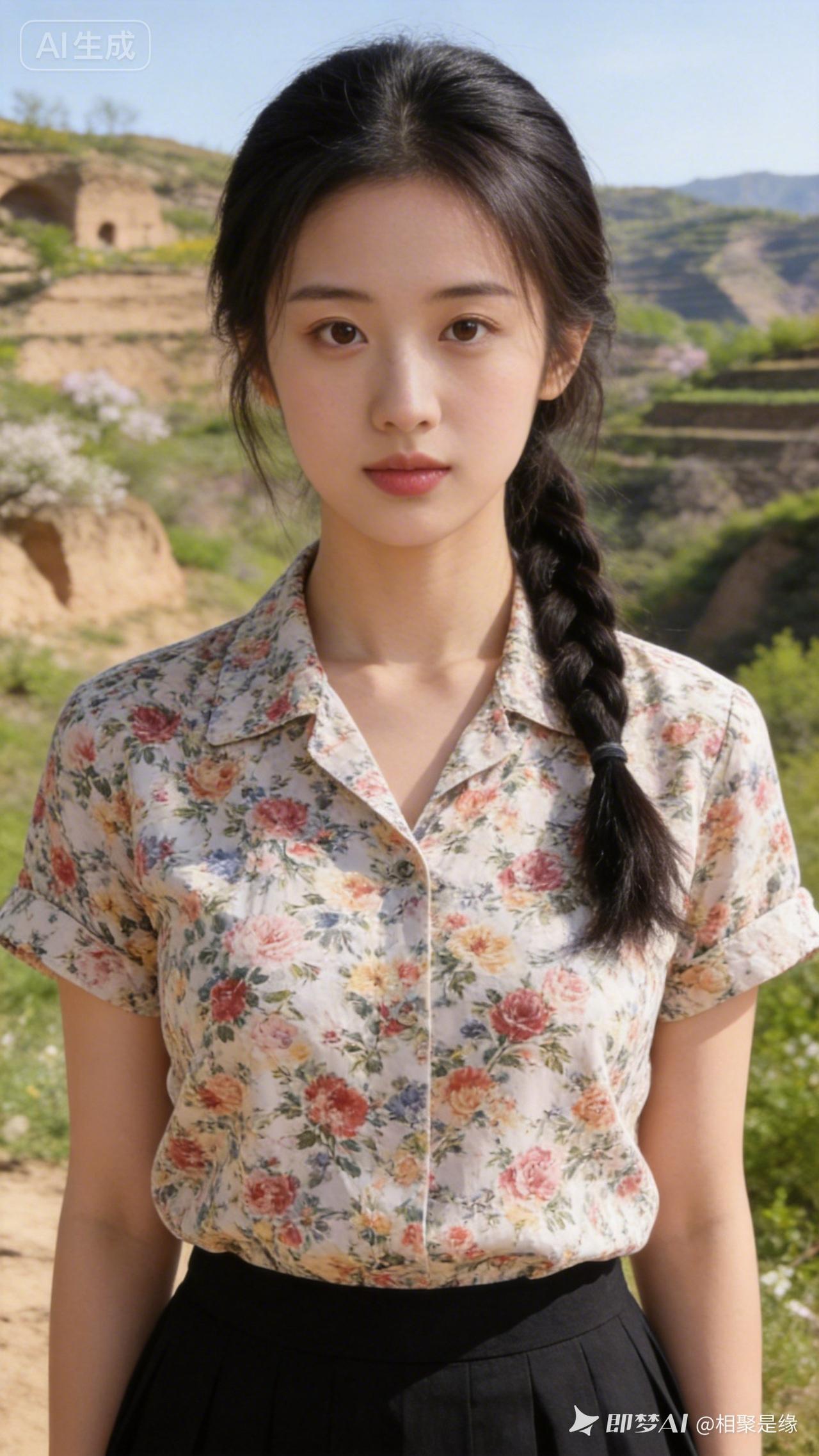 陕北黄土坡春光明媚、生机盎然，一位乌黑单辫女知青正面而立。身着花衬衣与黑短裙，身
