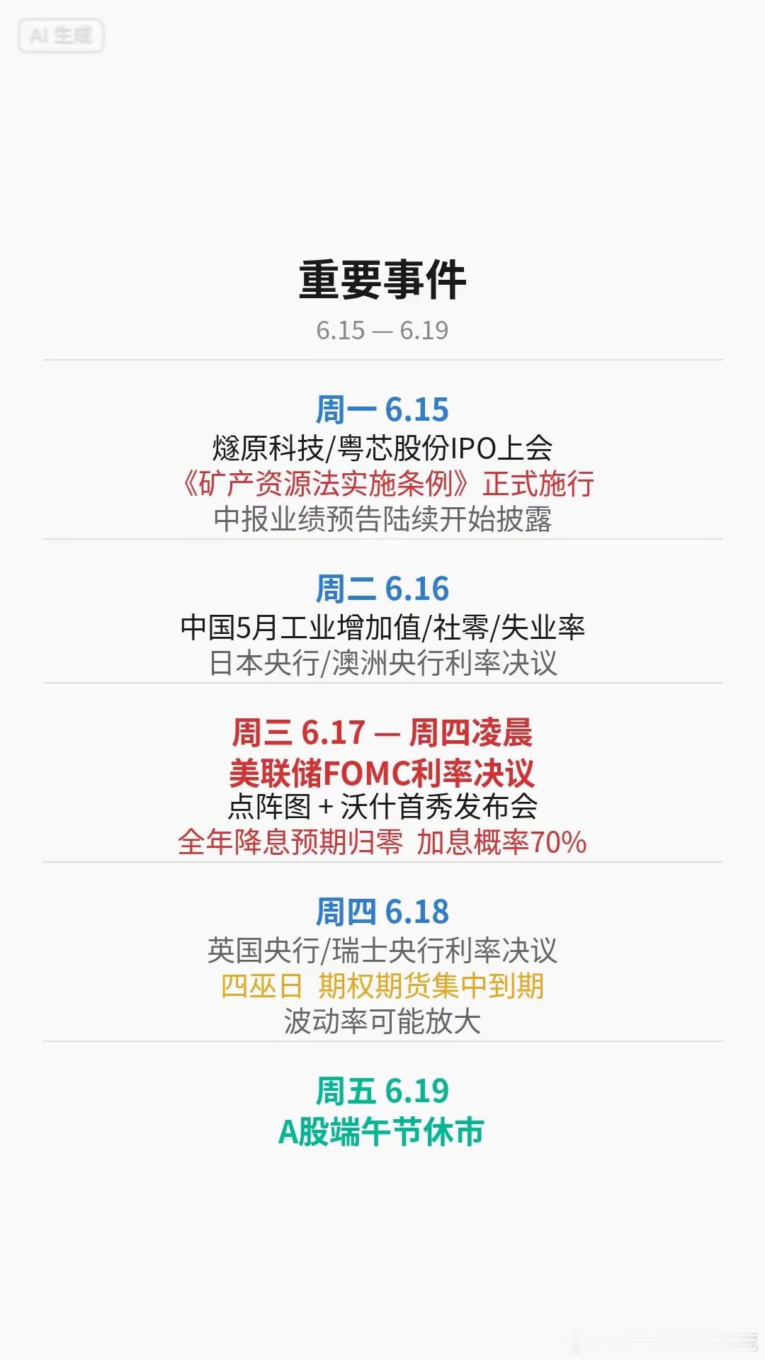 A股市场下周展望下周核心看点：1. **周五端午节休市**，实际只有4个交易日2