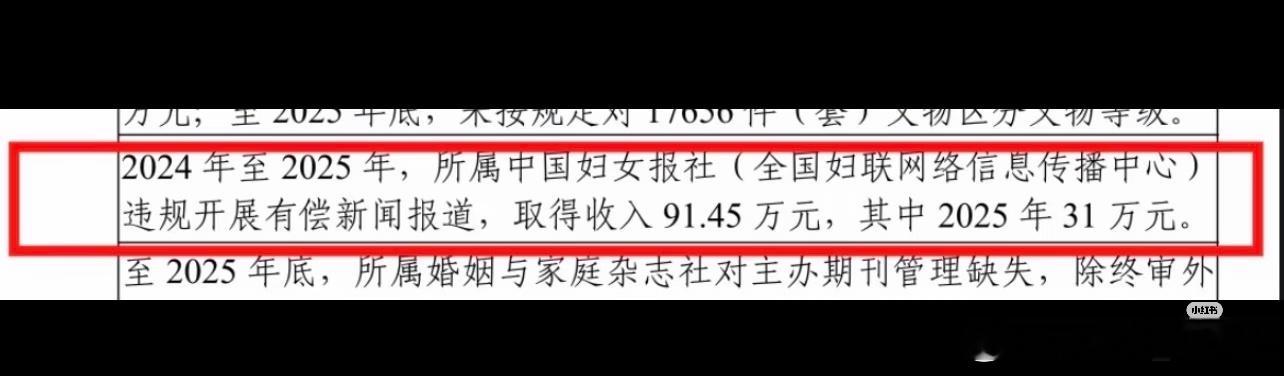 2024年-2025年中国妇女报违规开展新闻有偿报道，收入91.45万元 