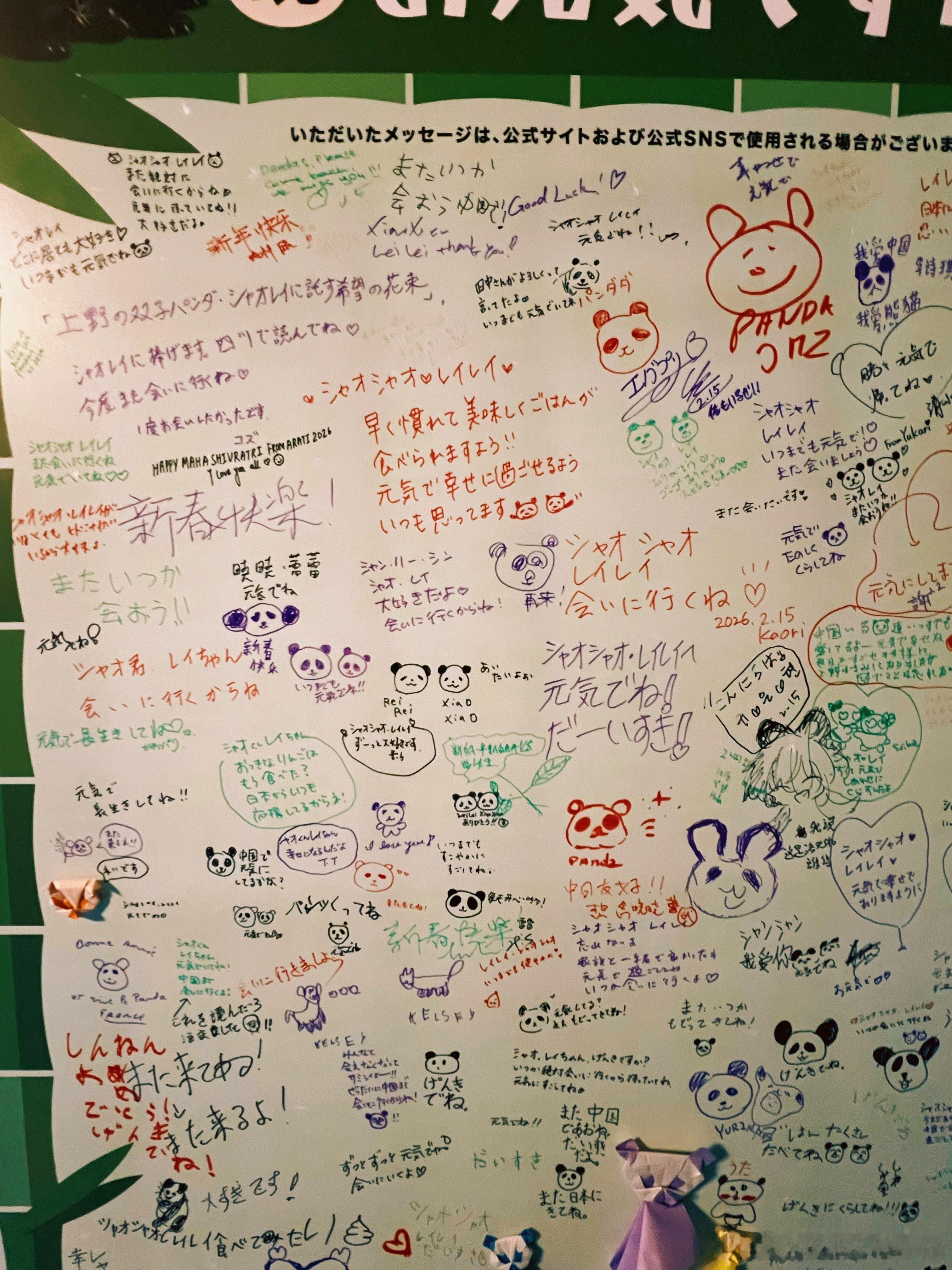 日本人在动物园扮演大熊猫吸引游客大熊猫走后，邻近上野动物园的上野公园内留言板上，