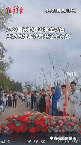“毕生难忘！”四川，一对新人结婚，谁知，接亲车队在返程途中时，竟遇到一大群春游的