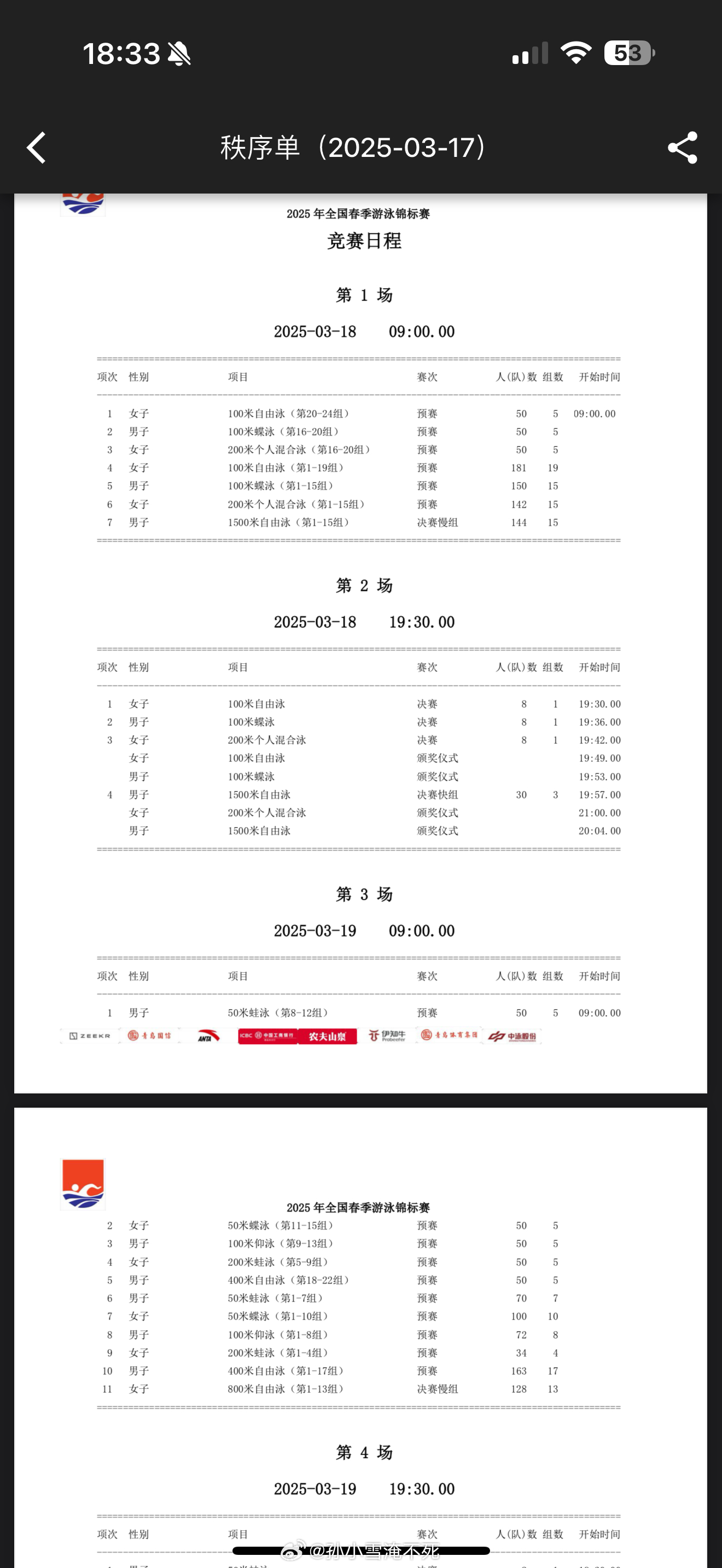 2025年全国春季游泳锦标赛 秩序册1-3场 ​​​