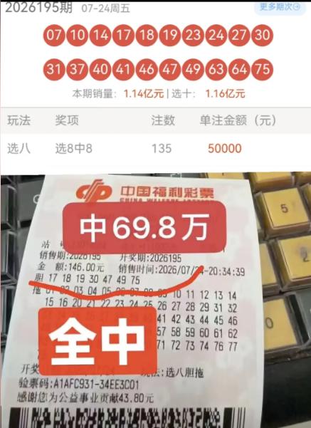 彩友7胆全拖票为自己争取69.8万极限大奖：选八玩法只选出了7个号码做胆，剩余7