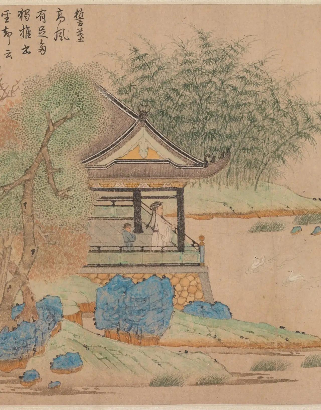 《王羲之观鹅图》

在这幅长卷中，远处的清丽山色、中景的空旷水面与近景的人物共同