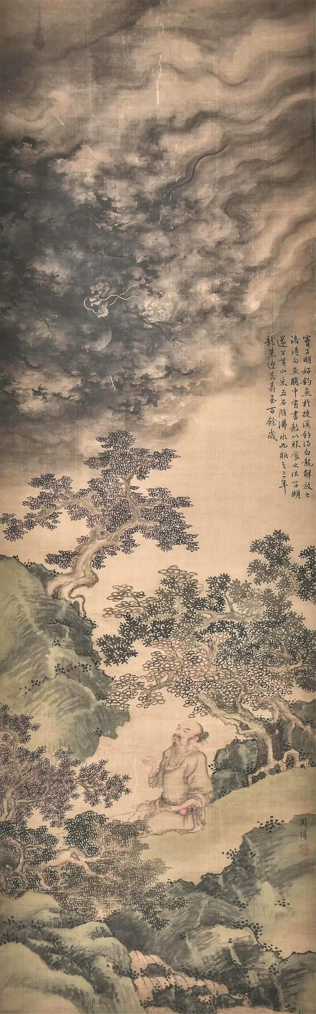 窦子明遇龙图。汉朝的窦伯玉喜欢钓鱼，一次钓得白龙，解钩放之。后又得一尾白鱼，鱼肚