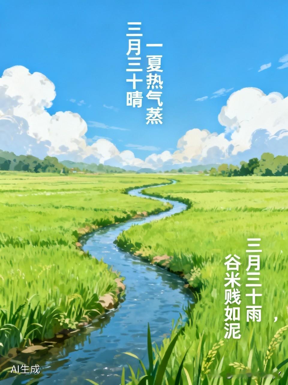 今天是三月三十民间俗语有

- 三月三十惧阴晦，阴雨不断伤麦根
- 涝与不涝，且