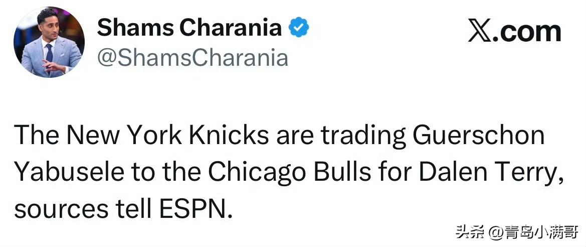 公牛在交易市场太活跃了！！！尼克斯交易亚布塞莱至公牛，换回达伦-特里！

根据记