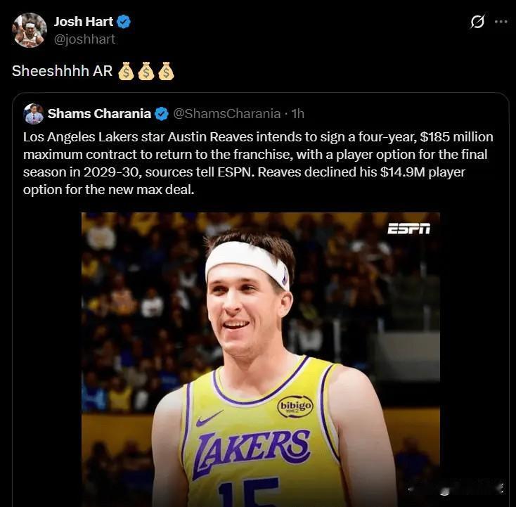 哈特羡慕了！里夫斯和湖人签下4年1.85亿美元顶薪合同后，尼克斯球员哈特更新社交