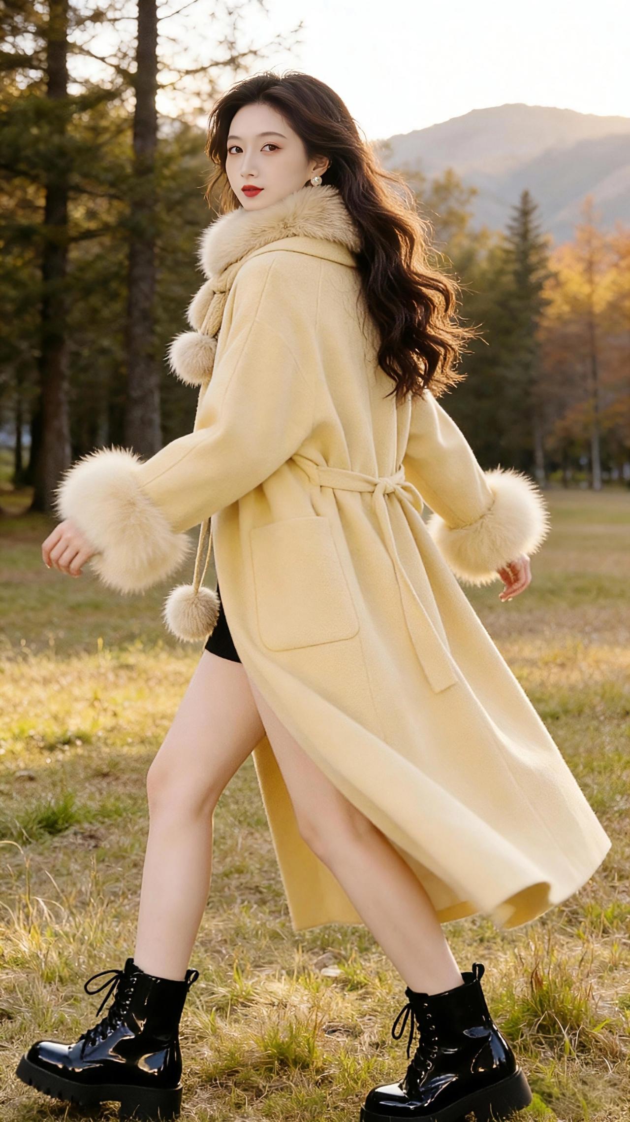 林间暖黄
 
秋阳斜斜地漫过松林的枝桠，将林间的草地染成一层温柔的金。她裹着奶黄