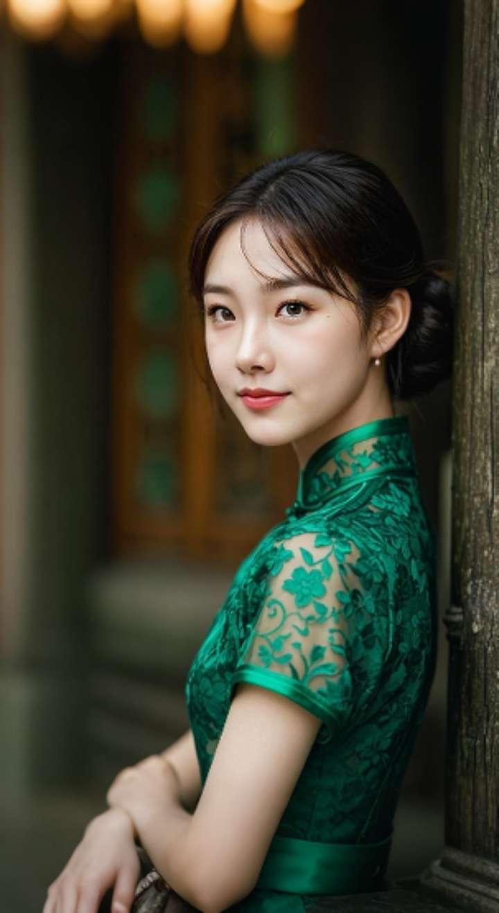 AI扩图 AI绿旗袍佳人