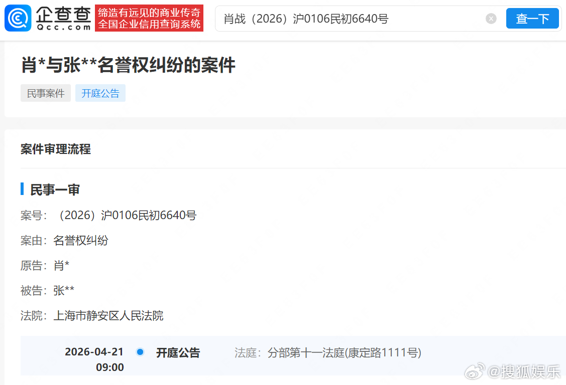 【肖战维权案4月开庭】肖战新增名誉维权案企查查APP显示，近日，法院刊登肖战起诉