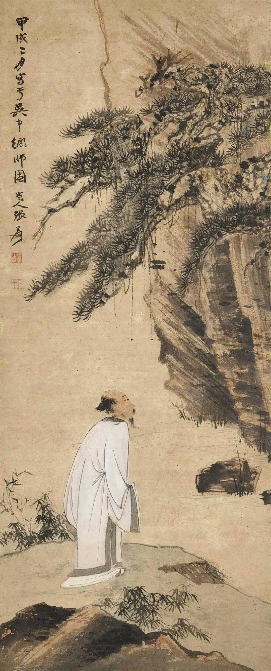 张大千的《松下高士》简直是神作。画面上，挺拔的松树占据了很大篇幅，松针的描绘细致