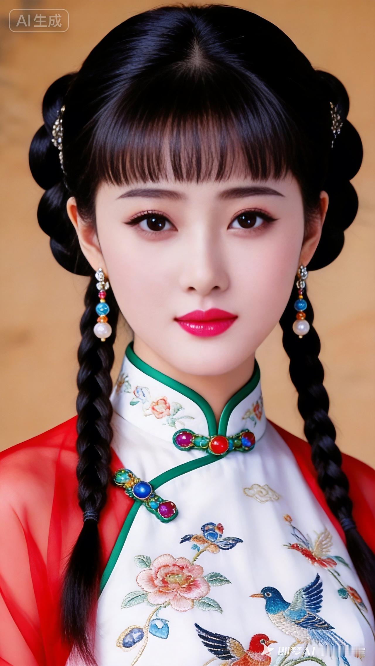 红纱旗袍缀四大名绣纹样，绿边领口搭配别致彩石盘扣。齐刘海双辫盘发发丝莹润，彩珠耳