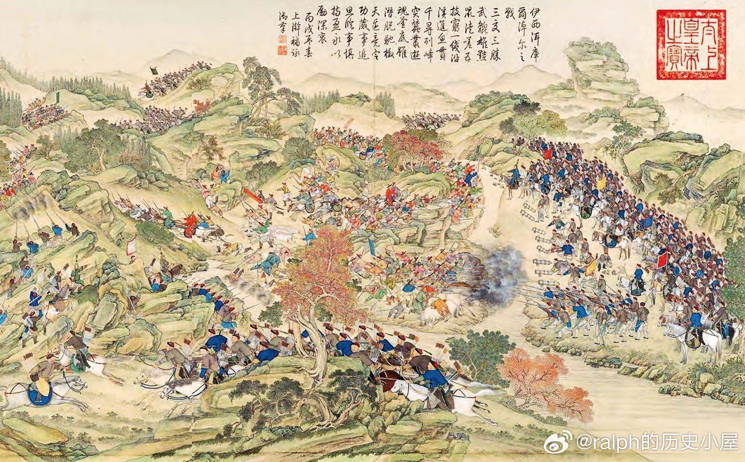 《平定伊犁回部战图册》之《伊西洱库尔淖尔之战图》，清郎世宁等绘，故宫博物院藏。图